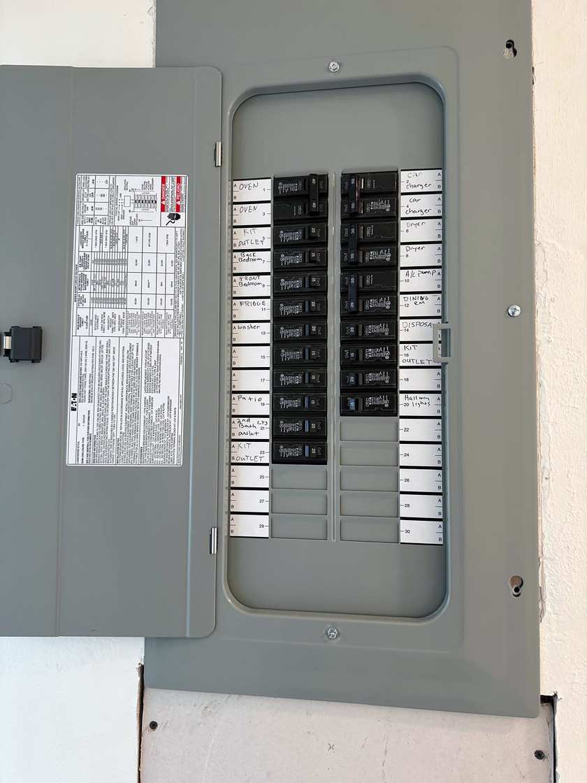Close view of a finished breaker panel with the door open and every circuit labeled